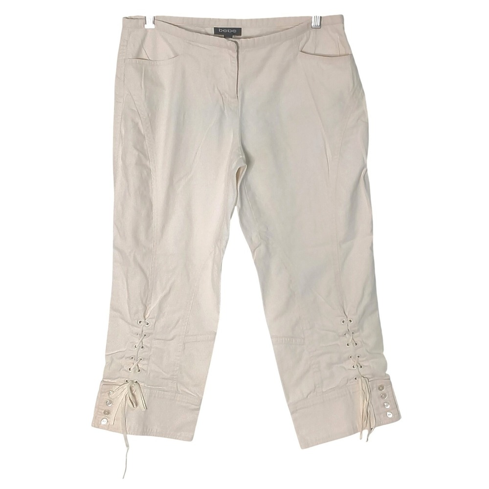 Bebe‎ Capri Pants Women Size 8 Sugar Off-White Excellent Lace-Up Hem Detail
